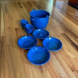 Enamelware pot bowls and cups 9 piece set
